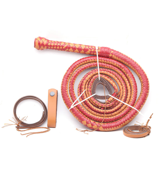 Handmade leather bull whip in orange and reddish pink with 12 plaits and leather belt holder.
