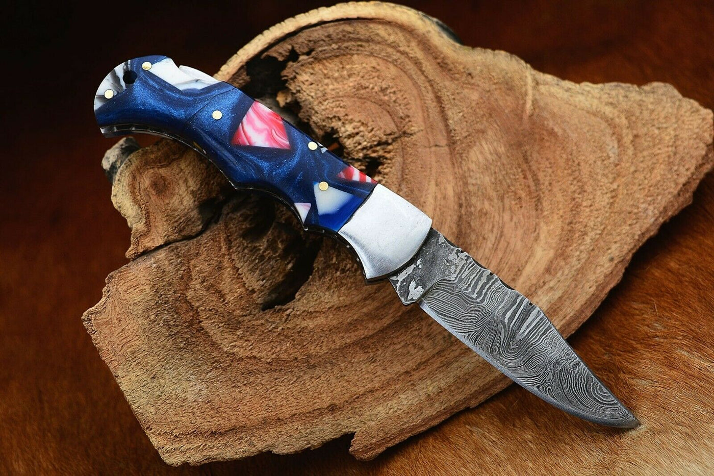 "Damascus Handmade Custom Folding Pocket Knife with Epoxy Resin and Steel Bolster Handle, 3-inch Blade Length, and Leather Case by KBS Knives Store"