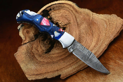 "Damascus Handmade Custom Folding Pocket Knife with Epoxy Resin and Steel Bolster Handle, 3-inch Blade Length, and Leather Case by KBS Knives Store"