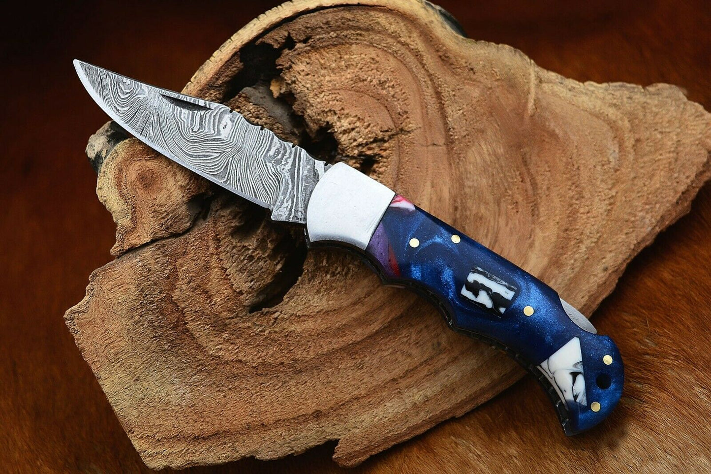"Damascus Handmade Custom Folding Pocket Knife with Epoxy Resin and Steel Bolster Handle, 3-inch Blade Length, and Leather Case by KBS Knives Store"