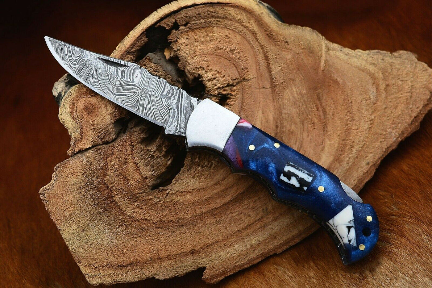 "Damascus Handmade Custom Folding Pocket Knife with Epoxy Resin and Steel Bolster Handle, 3-inch Blade Length, and Leather Case by KBS Knives Store"