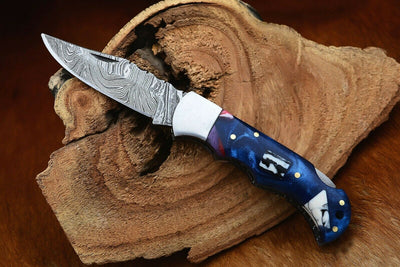 "Damascus Handmade Custom Folding Pocket Knife with Epoxy Resin and Steel Bolster Handle, 3-inch Blade Length, and Leather Case by KBS Knives Store"