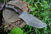 Custom Handmade Damascus Steel Tracker Knife with Micarta Handle - 10 inches Overall Length, Horizontal Leather Sheath Included