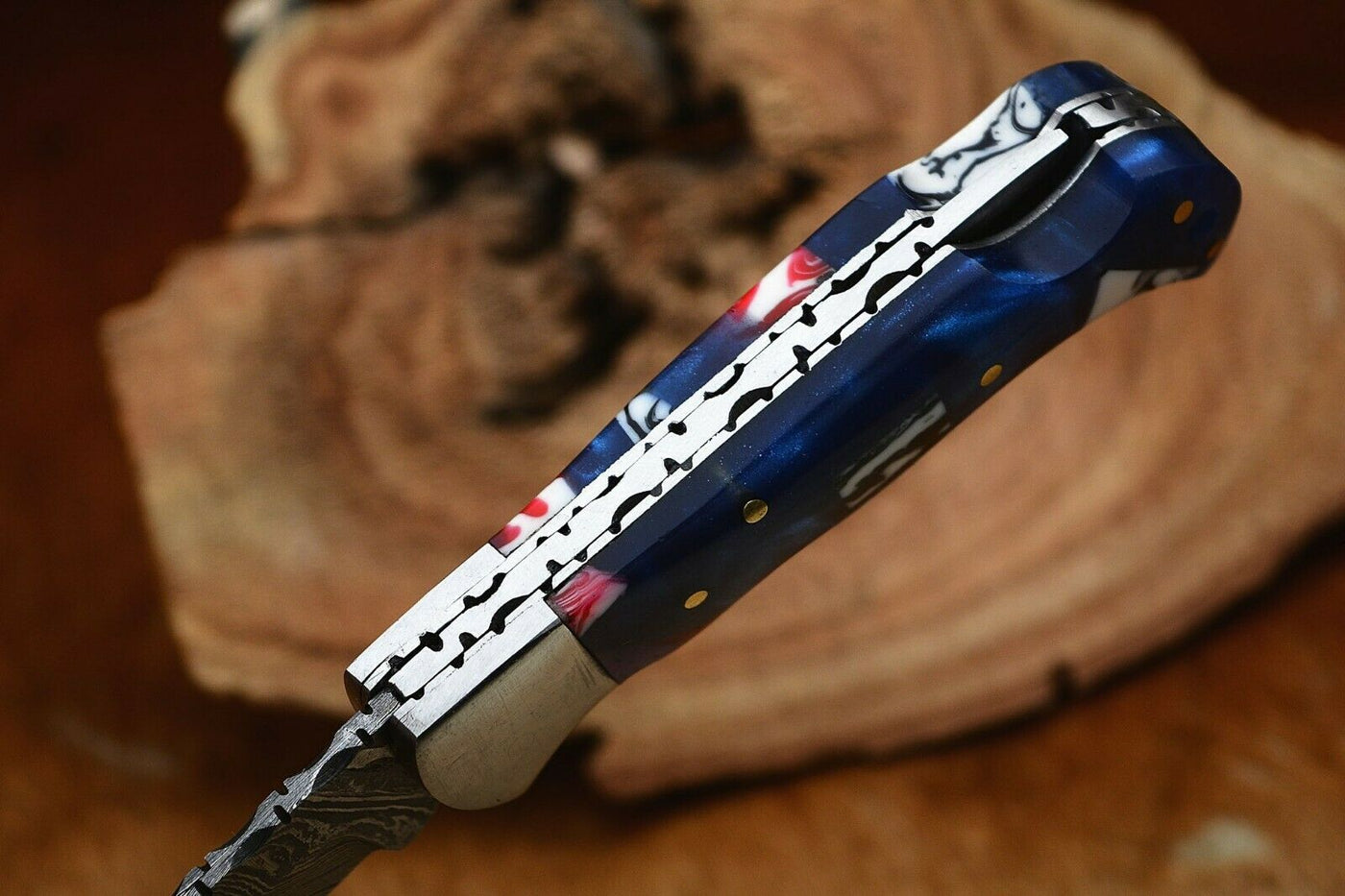 "Damascus Handmade Custom Folding Pocket Knife with Epoxy Resin and Steel Bolster Handle, 3-inch Blade Length, and Leather Case by KBS Knives Store"