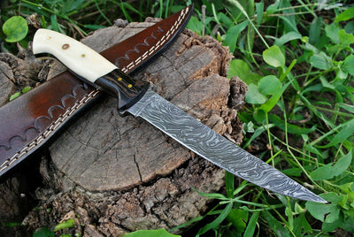 Damascus Steel Fillet Knife Bowie Knife with Wenge Wood and Bone Handle