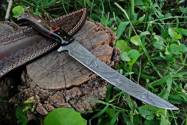 Damascus Steel Fillet Knife Bowie Knife with Wenge Wood and Buffalo Horn Handle