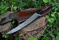 Damascus Steel Fillet Knife Bowie Knife with Wenge Wood and Buffalo Horn Handle