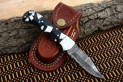 "Best Folding Pocket Knife with Black and White Epoxy Resin and Steel Bolster Handle, 3-inch Blade Length, and Leather Case by KBS Knives Store"
