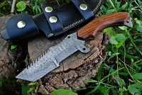 Custom Handmade Damascus Tanto Tracker Knife with Rosewood Handle - 10 inches Overall Length, Serrated Top Blade
