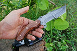 Custom Handmade Damascus Tanto Tracker Knife with Rosewood Handle - 10 inches Overall Length, Serrated Top Blade