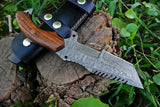 Custom Handmade Damascus Tanto Tracker Knife with Rosewood Handle - 10 inches Overall Length, Serrated Top Blade