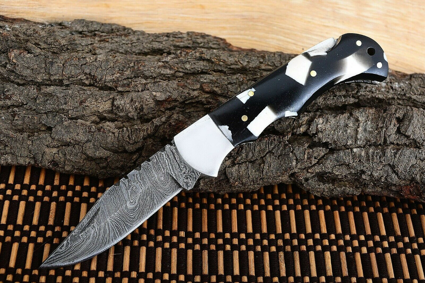 "Best Folding Pocket Knife with Black and White Epoxy Resin and Steel Bolster Handle, 3-inch Blade Length, and Leather Case by KBS Knives Store"
