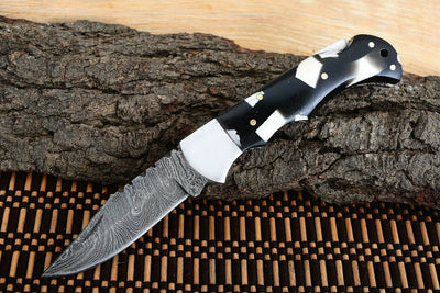 "Best Folding Pocket Knife with Black and White Epoxy Resin and Steel Bolster Handle, 3-inch Blade Length, and Leather Case by KBS Knives Store"