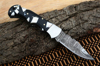 "Best Folding Pocket Knife with Black and White Epoxy Resin and Steel Bolster Handle, 3-inch Blade Length, and Leather Case by KBS Knives Store"