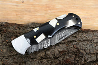 "Best Folding Pocket Knife with Black and White Epoxy Resin and Steel Bolster Handle, 3-inch Blade Length, and Leather Case by KBS Knives Store"